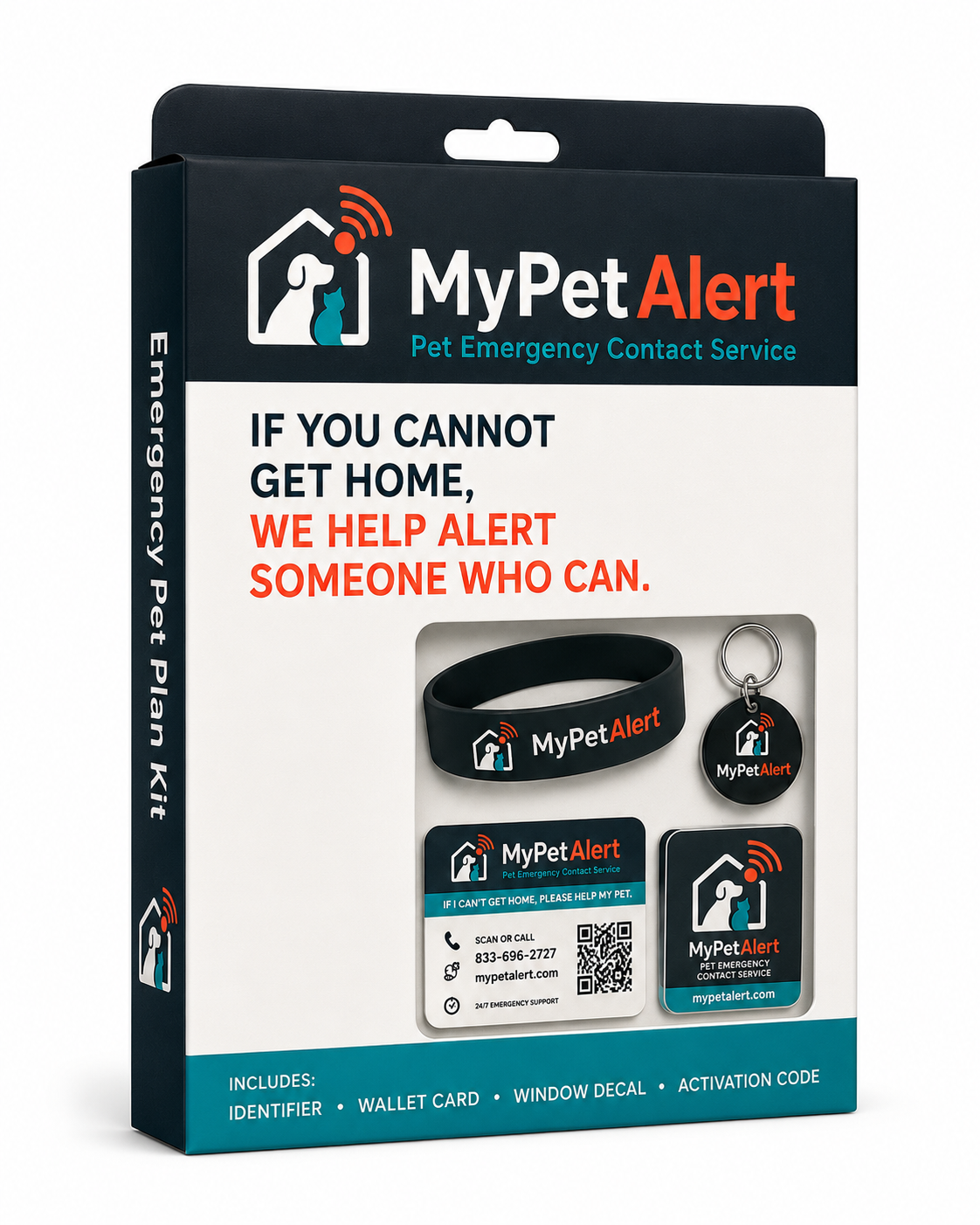 MyPetAlert Emergency Pet Plan Kit — wristband, key tag, wallet card, and window decal